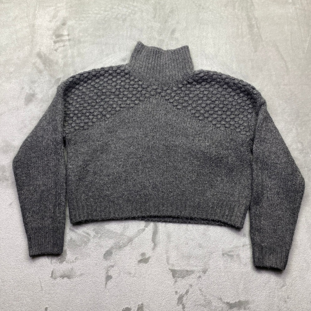 Free People Bradley Pullover Gray Mock Neck Popcorn Knit Cropped‎ Sweater Sz S